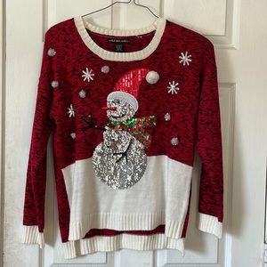 red sequin snowman pull over Christmas sweater sz L